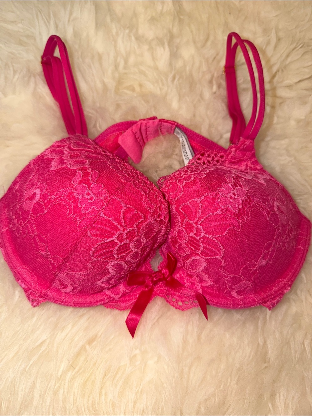 NWOT Victoria's Secret Hot Pink Lace Push-Up Bra with Bow Detail
